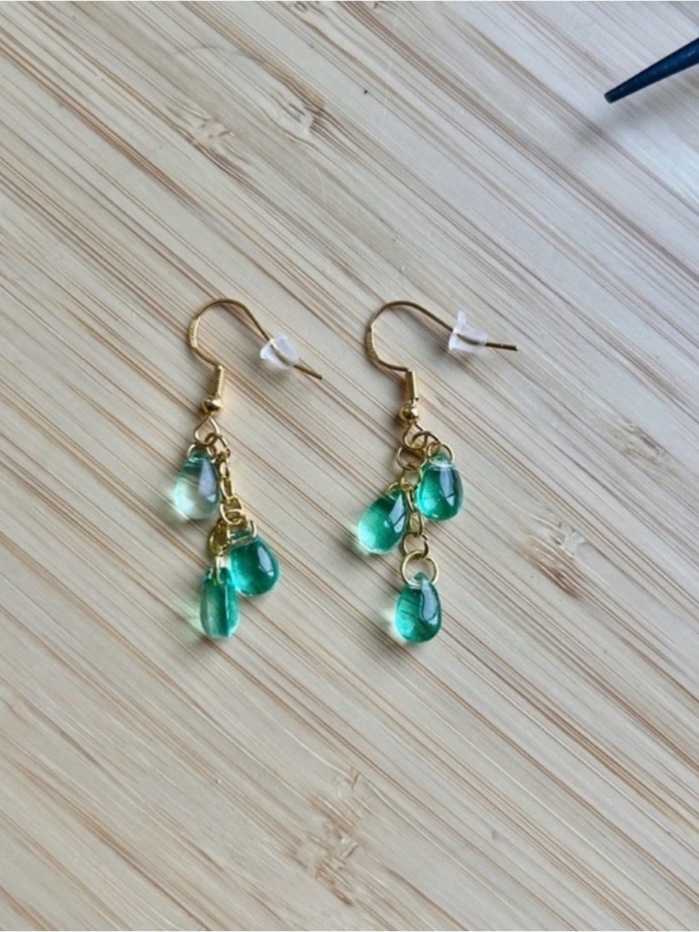 Handmade Gold Drop Earrings with Green Glass Teardrops